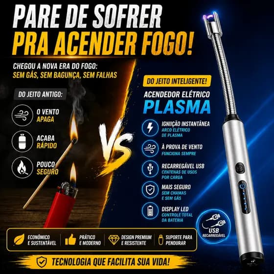 Acendedor Elétrico USB Recarregável Isqueiro Plasma Fogão Churrasqueira Flexível LED Sem Gás