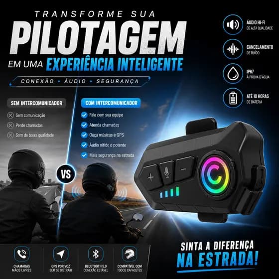 Intercomunicador Bluetooth para Capacete V10 Moto Hi-Fi Cancelamento Ruído RGB IP67