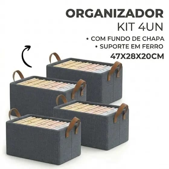 Kit 4 Organizador de Roupas com Armação de Ferro, Caixa Resistente para Closet