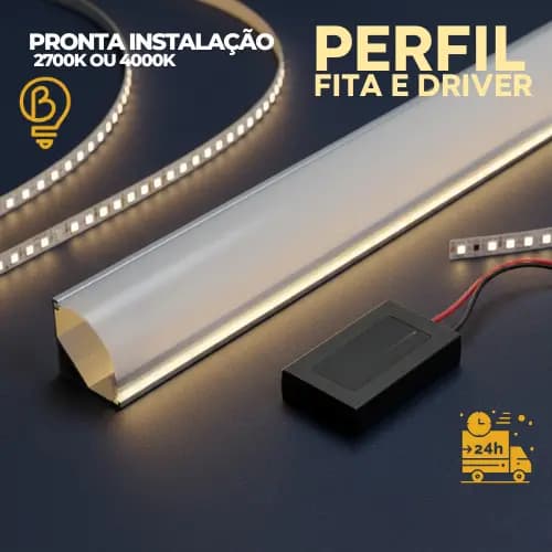 Perfil de Alumínio LED Completo com Fita e Driver | Pronto para Instalar • 2700K • Bivolt