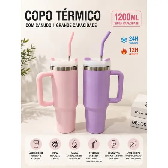 Thermal Stainless Steel 304 Cup with Flip Straw Handle and Metal Straw 1200ml