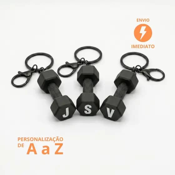 Chaveiro Dumbell Halter Personalizado Iniciais Premium com Argola Italiana 30mm Preto Fosco