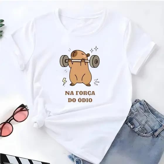 Camiseta Feminina Estampada Linda Capivara Na Força Do Odio Academia Gym 100% Algodão Corte Reto Estilo Gringa