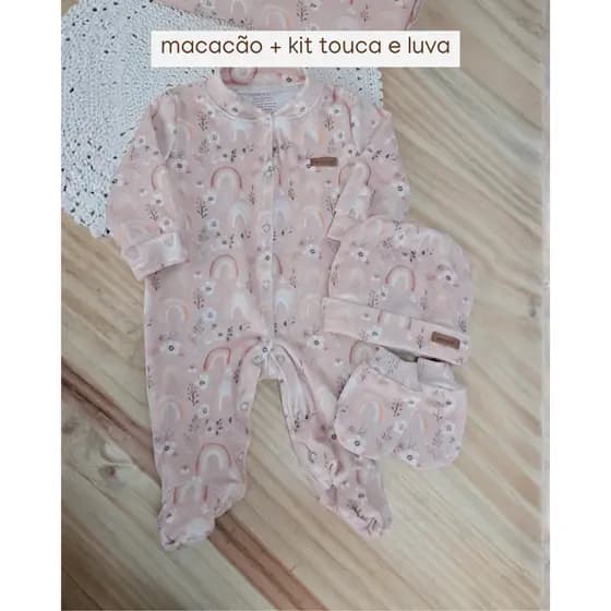 Kit Saída Maternidade Premium – Macacão + Touca e Luvas | Malha Toque de Pêssego | Minha primeira roupinha
