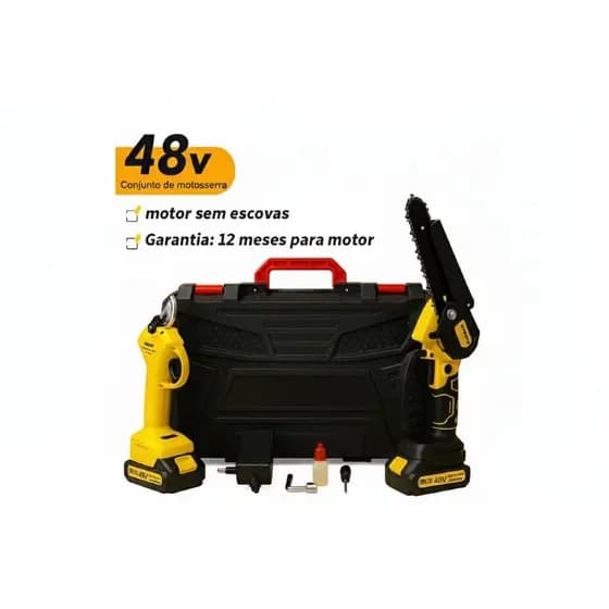 Kit Profissional 48V: Motosserra + Tesoura de Poda com 2 Baterias e Maleta Rígida