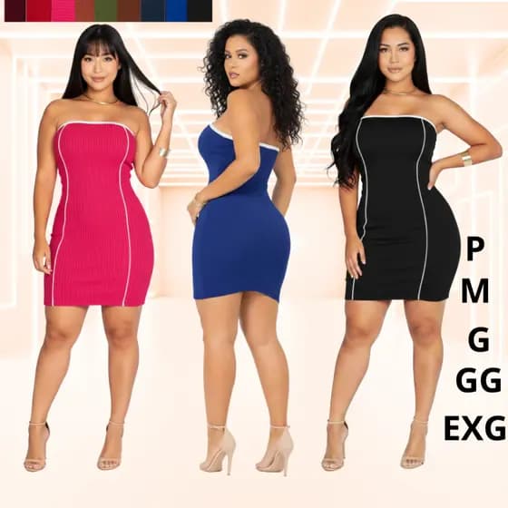 Vestido Feminino Tomara Que Caia Bicolor Malha Canelada com Forro no Busto Ajustado ao Corpo Tendên