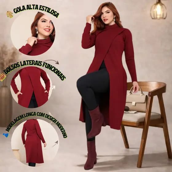 Cardigan Feminino Longo Anarruga com Gola Alta, Bolsos e Design Moderno – Quentinho, Confortável