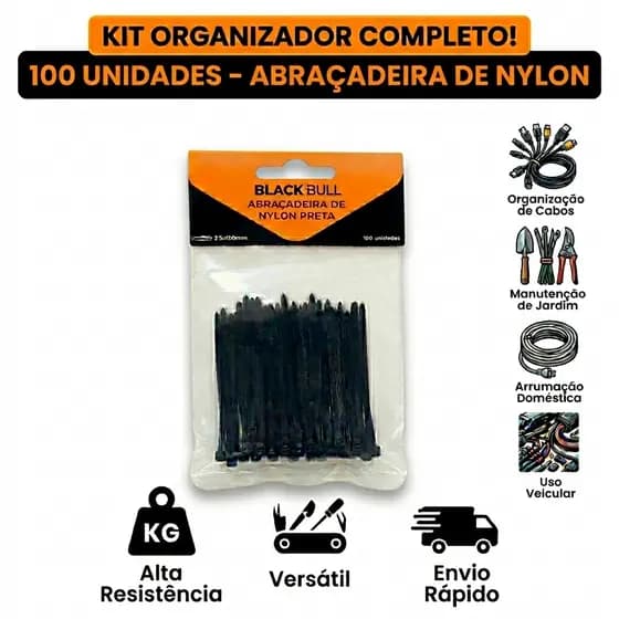 Kit 100 Unidades Abraçadeira Preta Enforca Gato Nylon Multifuncional Universal Travamento Automático