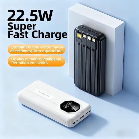 Carregador Portátil Power Bank com Display LED Digital - 20000mAh e 4 Cabos de Carga Rápida