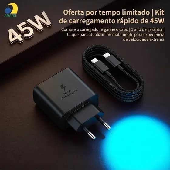 Carregador 45w Tipo C Turbo ORIGINALPara Galaxy A50 A52S A54 A70 A72 S20 Fe S21+ S22 S23 Ultra S24 Envio Imediato