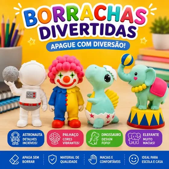 Borracha Infantil Personagens Divertidos ,Astronauta, Dinossauro, Elefante e Palhaço Material Escolar Criança