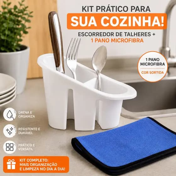 Kit Escorredor de Talheres Branco + Pano de Microfibra Cor Sortida | Organizador de Pia e Cozinha