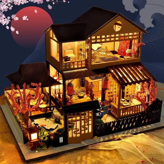 Casa De Jardim Japonesa DIY Bonecas Em Miniatura Madeira Mini Bolso Com Luz LED