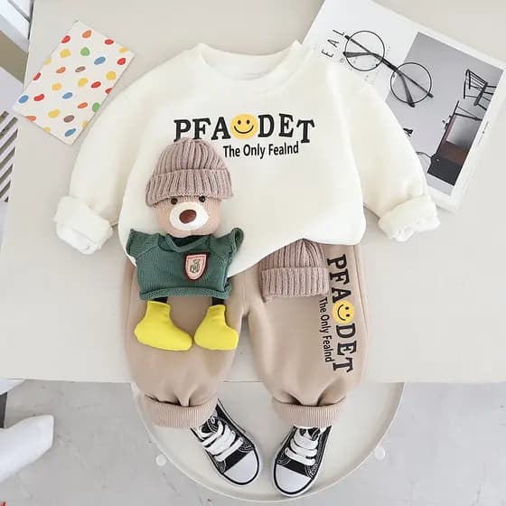 Conjuntos De Roupas Para Bebês Meninos Crianças Camiseta Espessa Meninas Algodão Sólido Manga Longa Pullover De 2pcs
