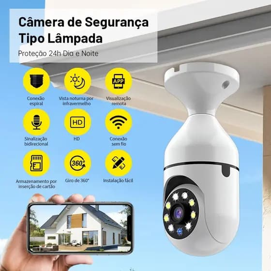 Câmera Lâmpada E27 WiFi 360° PTZ 1080P Visão Noturna Detecção de Movimento Áudio Duas Vias