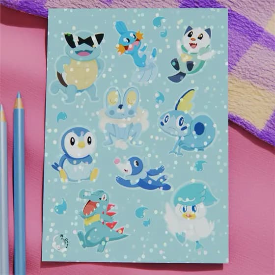 Cartela de Adesivos brilhantes - Pokémon, Iniciais de Água