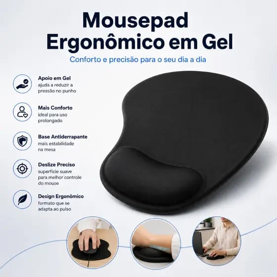 Mouse Pad Ergonômico com Apoio de Pulso em Gel para Computador e Notebook