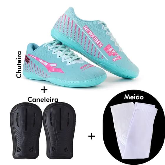 Chuteira futsal mais meiao e caneleira pra quadra