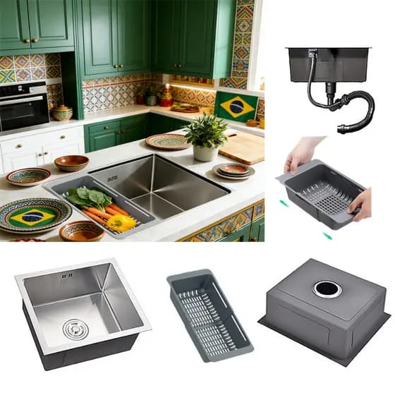 Kit Cuba Pia Gourmet Cozinha Luxo Inox 304 50x40cm Com Cesto de drenagem Durabilidade Premium