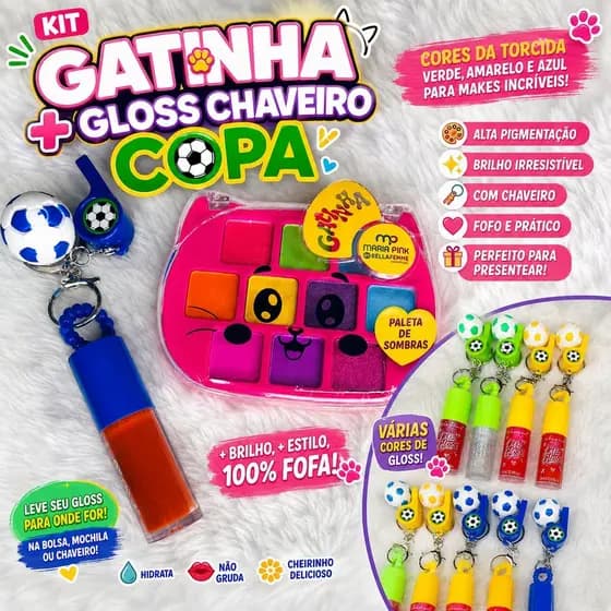 Kit Maquiagem Copa, Sombra Gatinha com as cores verde, amarela e azul + Lip gloss chaveiro copa(apito mais bolinha)