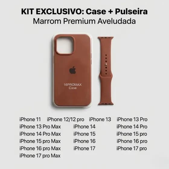 Kit capa case Capinha iPhone 11 ao 17 Pro Max Silicone Case Marrom + Pulseira Silicone Apple Watch todos os iPhone