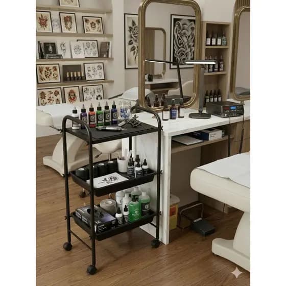 CARRINHO SUPER PREMIUM ESTETICA MANICURES TATUADORES COM 02 BANDEJAS E 01 TAMPO BANDEJA AÇO