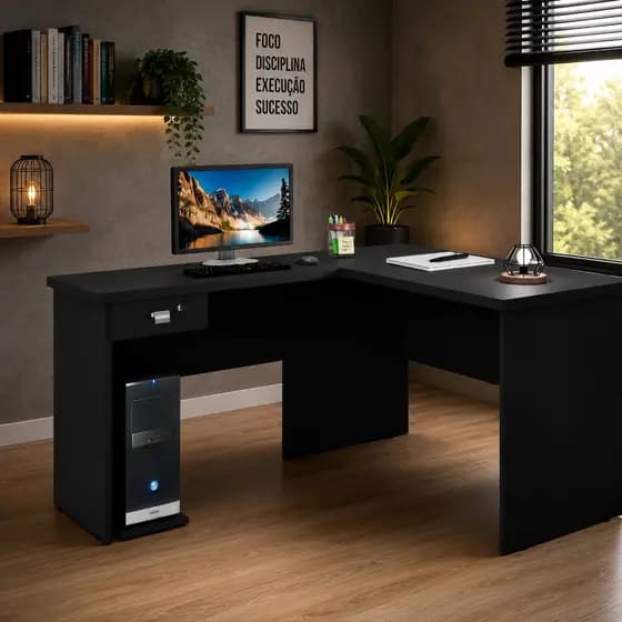 Escrivaninha gamer em L para home office estudos com gaveta, chave e suporte para CPU Envio Imediato