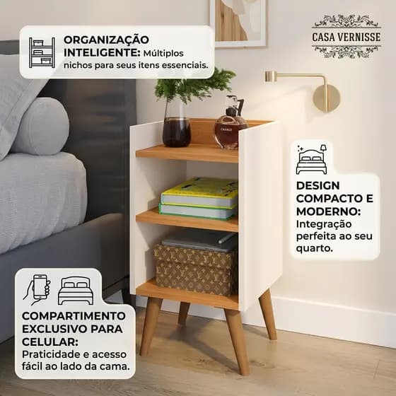 Mesa de Cabeceira Retrô Criado Mudo com Nicho Porta Celular e Pés Palito | Moderno Várias Cores
