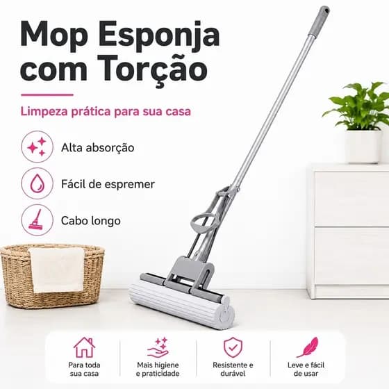 Rodo Mop Esponja PVA Alta Absorção com Cabo de Metal Epóxi para Uso Seco e Molhado