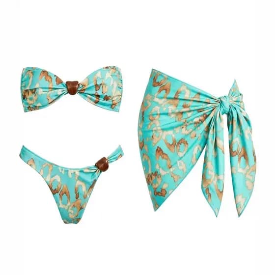 Biquíni Estampado, Roupa de Banho Feminina, Conjunto de 3 Peças, Biquíni Bandeau, Roupa de Praia, Roupa de Banho