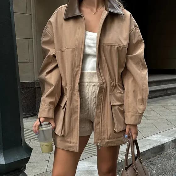 Jaqueta de Camurça com Lapela Suninheart 2025 para Primavera e Outono, Casaco de Moda com Bolso Longo e Zíper, Jaqueta F