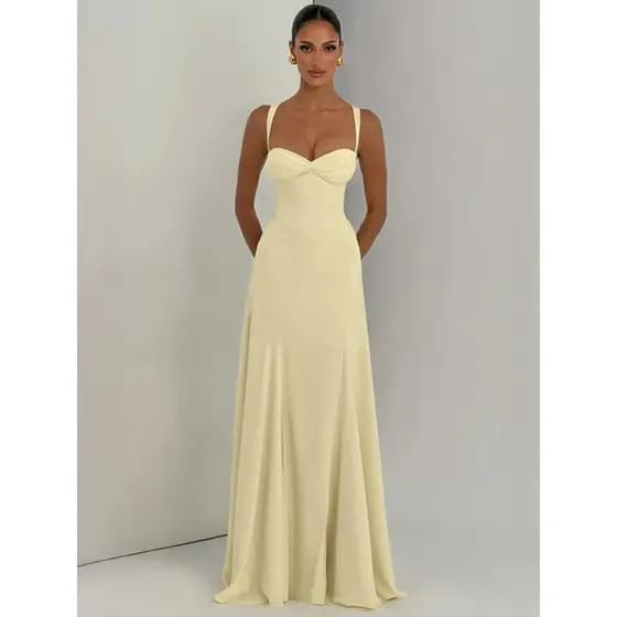Vestido Longo Maxi Elegante com Alças Finas para Mulheres, Verão 2026, Sem Mangas, Costas Abertas, Cintura Alta, Corte e