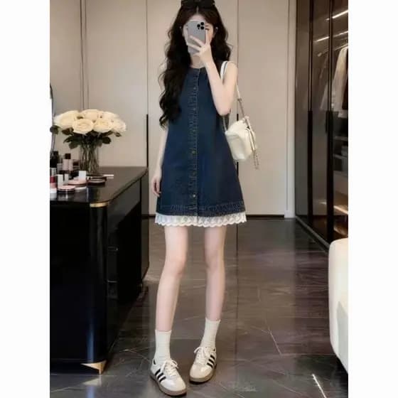 Estilo Hong Kong pequeno Retro Denim vestido feminino High-End temperamento mais magro olhar renda colete saia longa