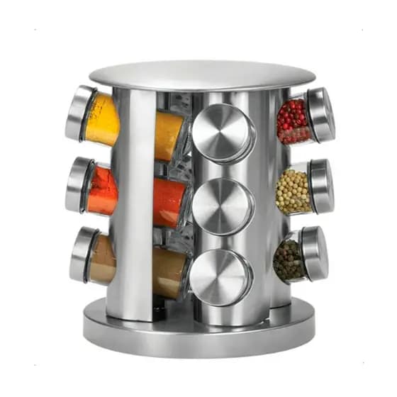 Porta Temperos Giratório Inox com 12 Potes de Vidro – Organizador de Condimentos