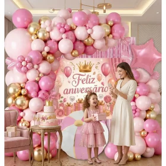 Kit Arco Desconstruído de Balões Rosa 62 Peças Decoração Festa Aniversário Menina Painel e Cortina MM-QQ1