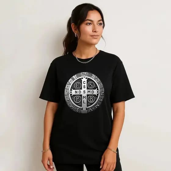 Camiseta Camisa Feminina Católica Estampa Medalha Sao Bento Algodão Premium