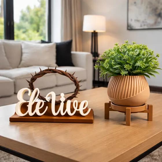 Kit Letreiro e Vaso Decorativo Ele Vive Coroa de Espinhos - Decoração Cristã de Jesus Cristo Símbolo de Fé Enfeite Mesa