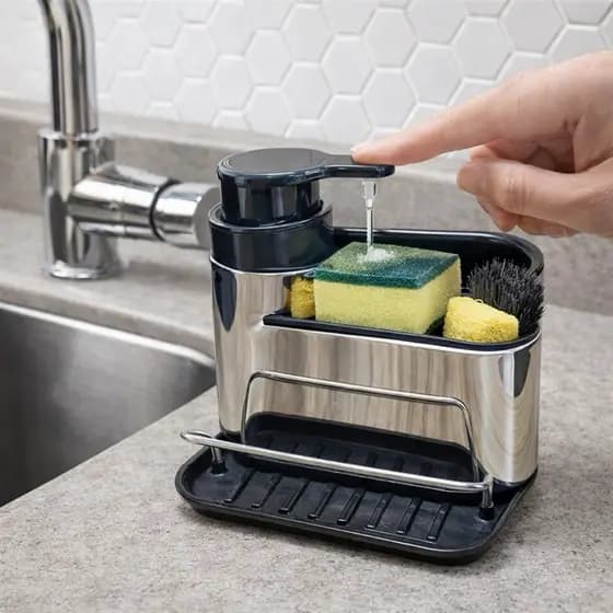 Dispenser de Detergente Inox Suporte Esponja Powermaid Cozinha Área Serviço Porta Sabão Organizador Pia Tanque