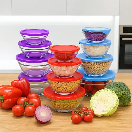 Conjunto 5 Potes Tampa Azul Roxa e Vermelha Recipiente Condimentos Vidro Marmita Tigela Conserva Alimentos Guarda Fruta