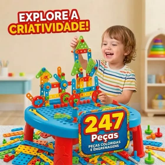 Mesa Educativa Criativa Ferramentas Infantil 247 Peças DDG Parafusadeira Elétrica Chaves Fenda Blocos Montagem Lúdico
