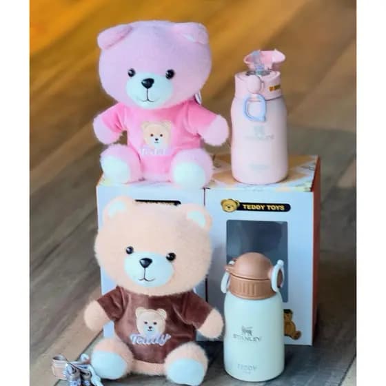 Garrafa Térmica Fofo Urso Teddy + Urso para porta garrafa e Pelúcia Acompanha – 500ml Conserva Quente e Frio