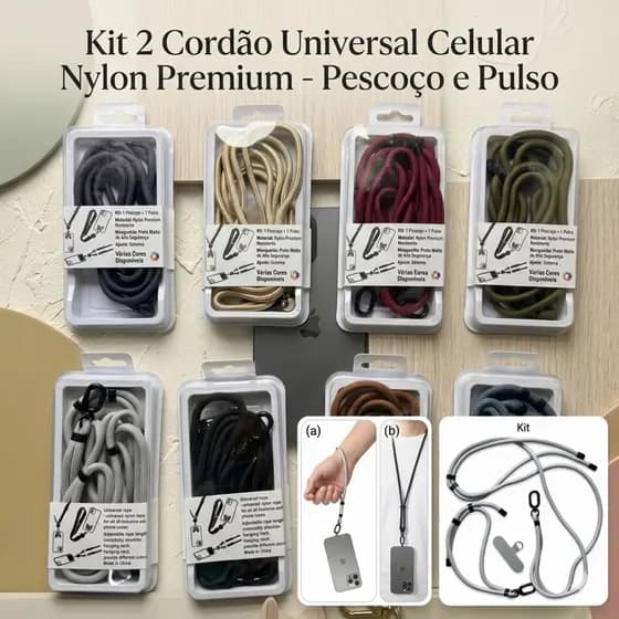 Kit 2 Cordões Salva Celular Universal Nylon Premium - 1 Pescoço + 1 Pulso Ajustável Gancho Preto Matte, iPhone e Android
