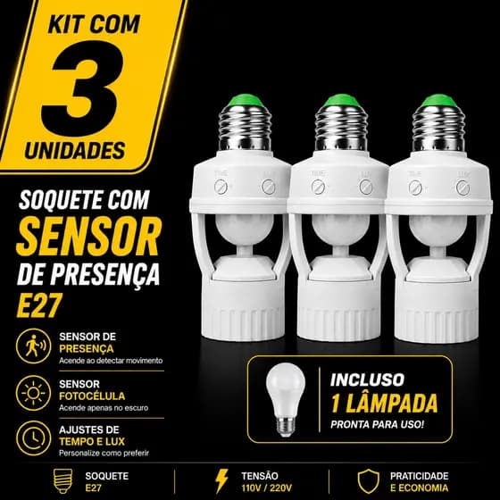 Kit Com 2/3 Sensor de Movimento INCLUSO LAMPADAS para cada Soquete E27 c/ sensor de presença Bivolt 110V220V Max 60W