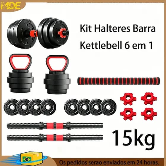 Kit Halteres Ajustável 15kg 6 em 1 Conjunto com Barra e Kettlebell para Treinamento Muscular em Casa