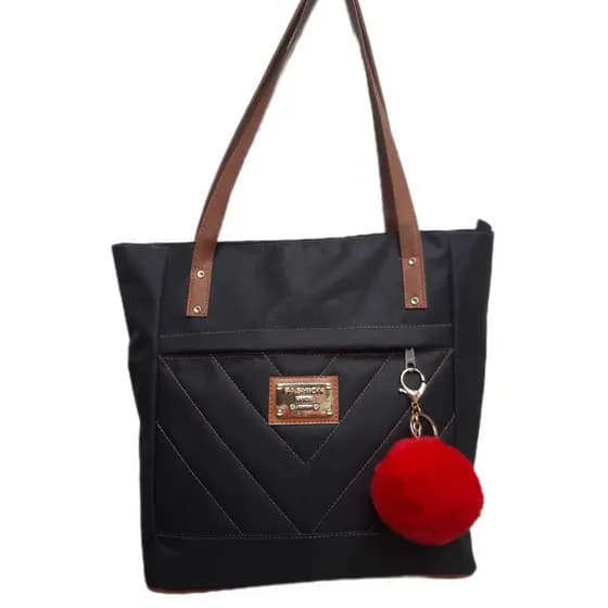 👜 Bolsa Feminina em Nylon 600 Oxford Tipo Lona com Alça Caramelo + Pompom de Brinde