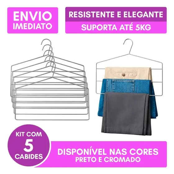 Kit 5 Cabides Triplo Calça Cabide Aberto Calceiro Resistente Aço Carbono Cromado Preto