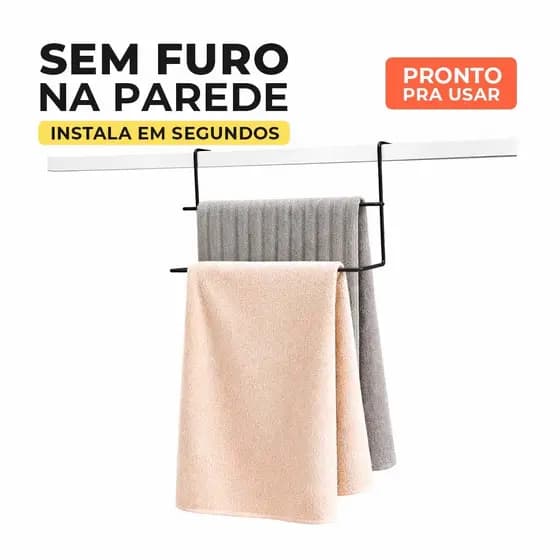 Suporte Duplo para Toalha Banho Box ou Porta Sem Furo Toalheiro Banheiro Preto Resistente