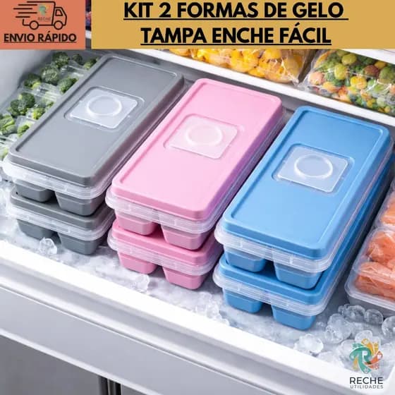 Kit 2 formas de gelo com tampa enche fácil e fundo de silicone 12 cubos BPA free forminha de gelo freezer organizado