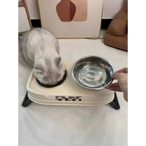 Comedouro e Bebedouro Pet 2 em 1 Ajustável em Aço Inoxidável | Tigela Elevada Anti Acne Felina com Base Antiderrapante
