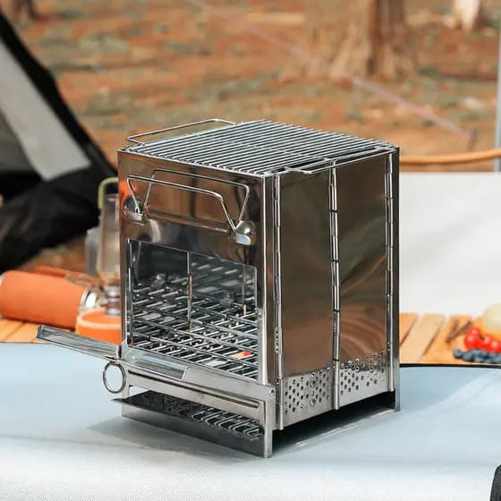 Mini churrasqueira portátil ao ar livre, aço inoxidável, dobrável, fogão de aquecimento a lenha a carvão, tamanho pequen